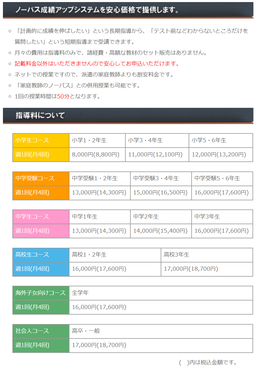 インターネット家庭教師Netty【ネッティー】｜料金表